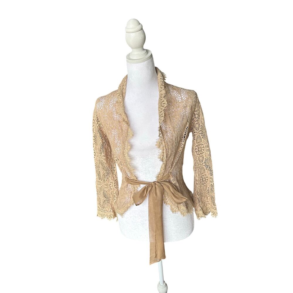 Westonwear Vintage Beige Lace Cardigan Wrap Top Tie Waist Ruffle Trim Size S